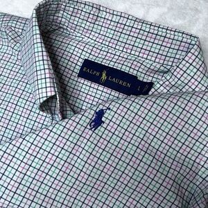 Ralph Lauren Mens Large Blue Green White Plaid Button Down‎ Long Sleeve Shirt